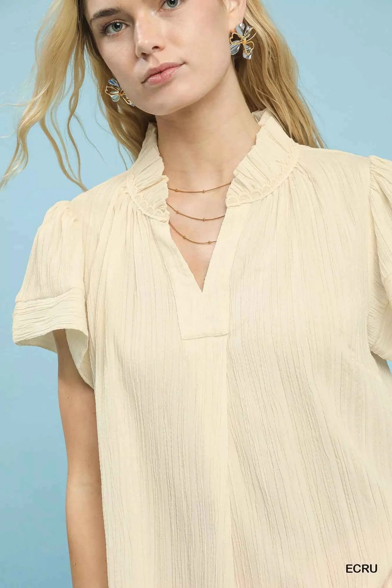 Umgee Texture Flutter Sleeve Notched Blouse 45d2f6e7-b71d-4667-a88b-883ec971ed18-Max-Origin