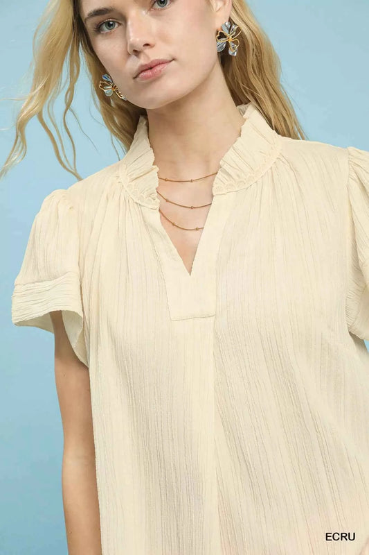 Texture Flutter Sleeve Notched Blouse 45d2f6e7-b71d-4667-a88b-883ec971ed18-Max-Origin