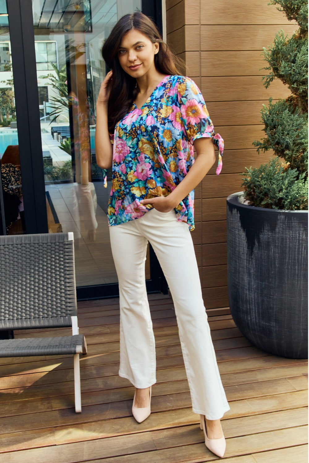 Petal Dew Full Size Floral V-Neck Tie Detail Blouse 45d604c505a247609c8aa826af506e7f-Max