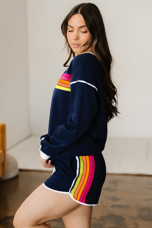 Bluing Colorful Striped Accent Varsity Long Sleeve Pullover and Shorts Matching Set 45d77c3e8bf2d4a7
