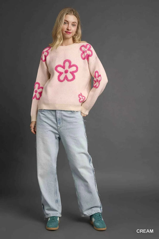Round Neck Sweater with Pink Floral Accents 45d86311-b033-499f-b141-50d1a018ef43-Max-Origin