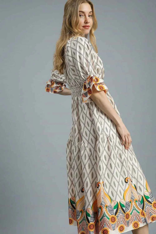 Printed Smocked Waist Flounce Sleeve Midi Dress 45dfad4e-652d-46d5-88fa-910bbc4ec55f-Max-Origin