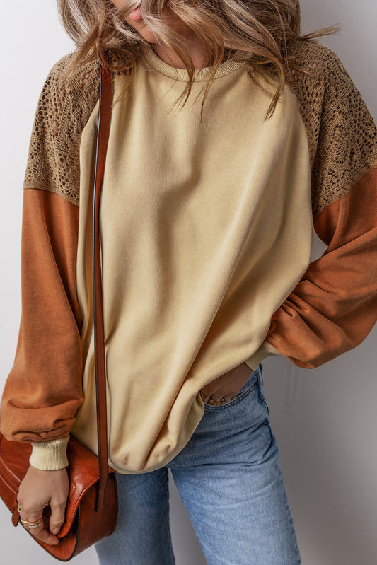 Khaki Crochet Patchwork Raglan Sleeve Sweatshirt 45e0d937cd907578