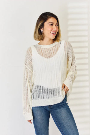 Openwork Ribbed Trim Long Sleeve Knit Top WHIP CREAM 45e407f8-09fe-48f9-866b-f2d311529a91-Max