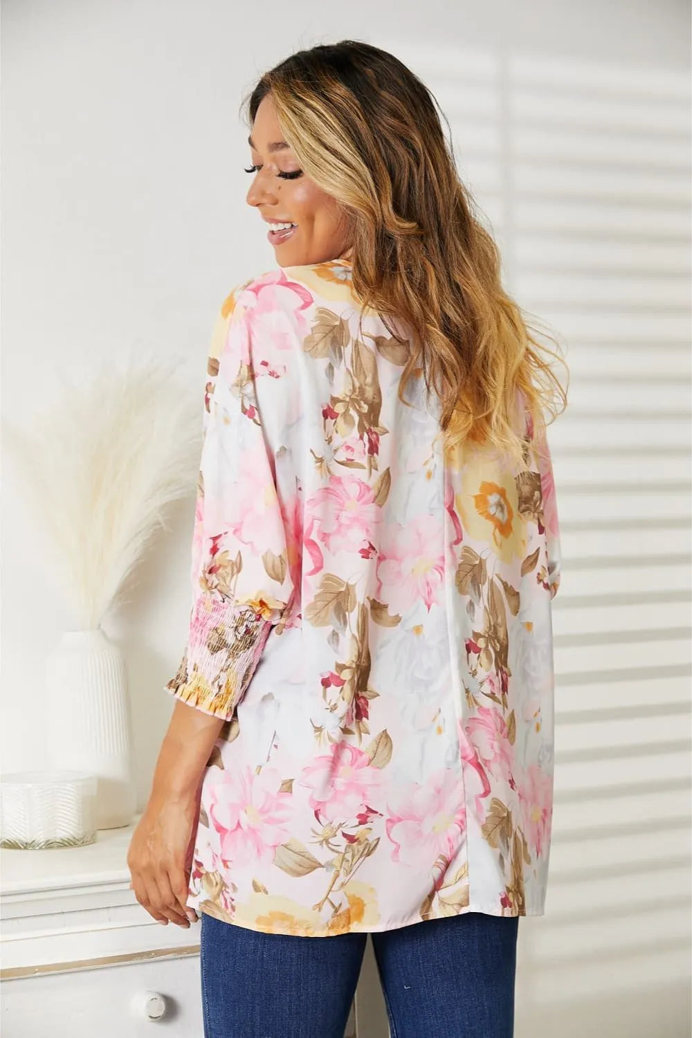 Double Take Floral Round Neck Three-Quarter Sleeve Top 45e55dfd-5f43-47e8-bb9e-fd901d43ac9f-Max