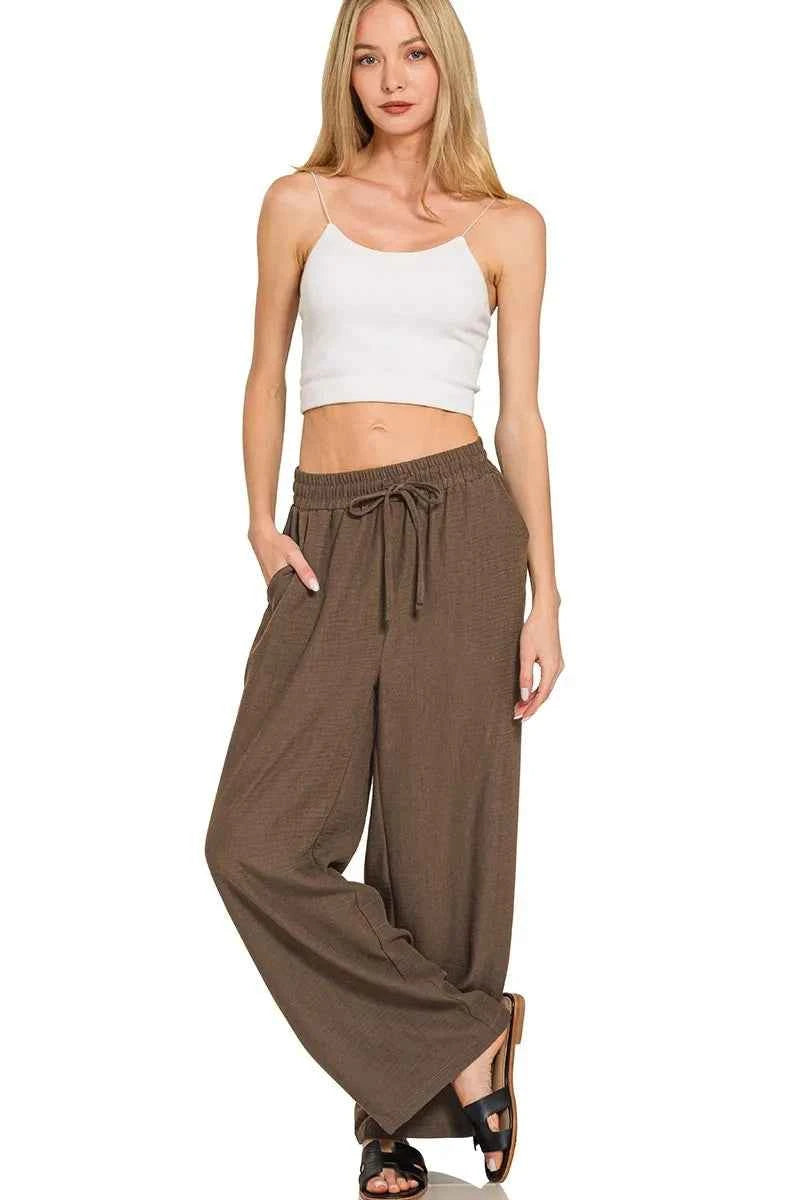 Zenana Woven Crepe Elastic Band Pants 45e6e1fa303f4a16bd171656c124f71c-Max-Origin