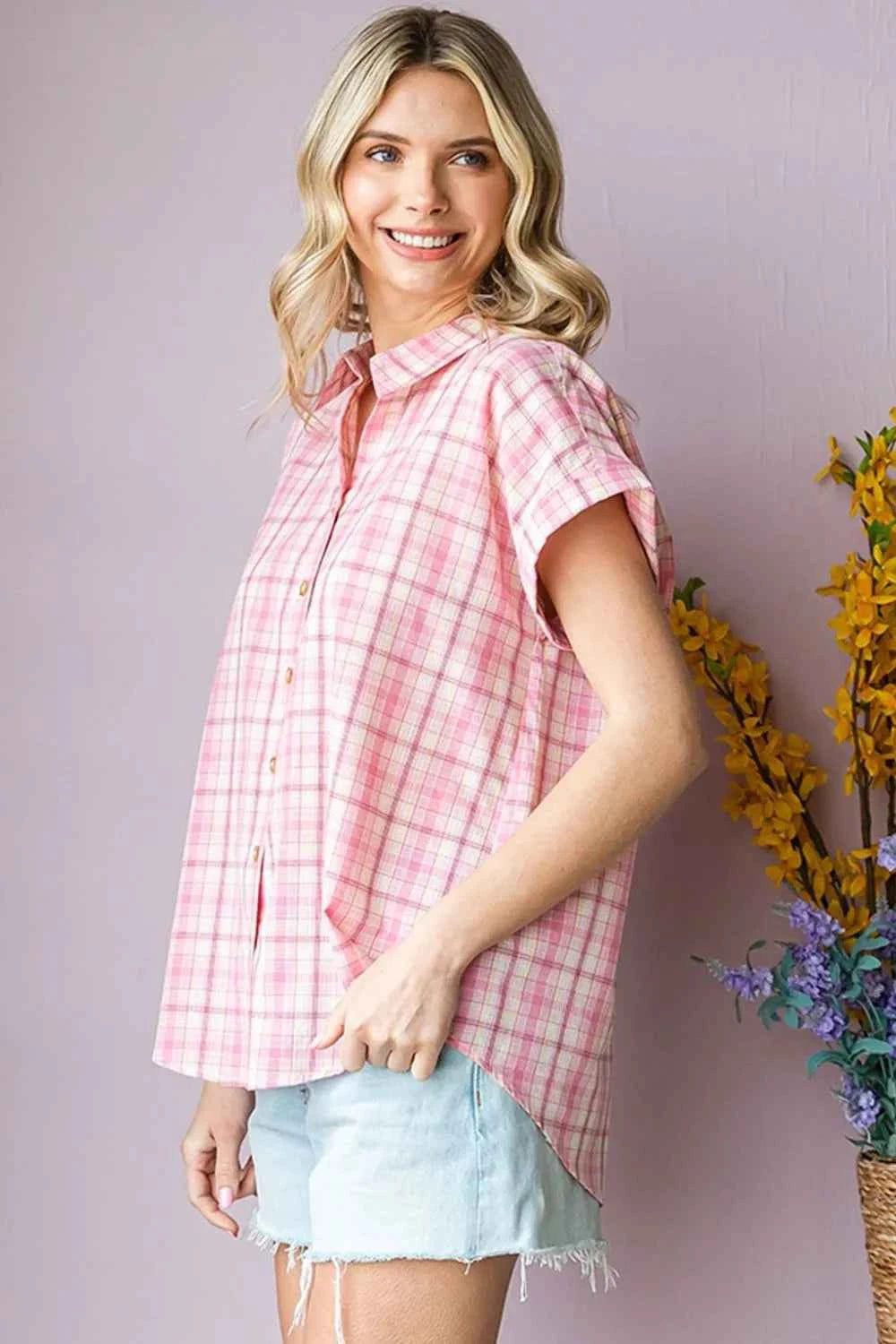 Cotton Bleu by Nu Lab Plaid Collared Neck Short Sleeve Shirt 45e7581d-a912-42d6-99fd-8a35aa9394a9-Max