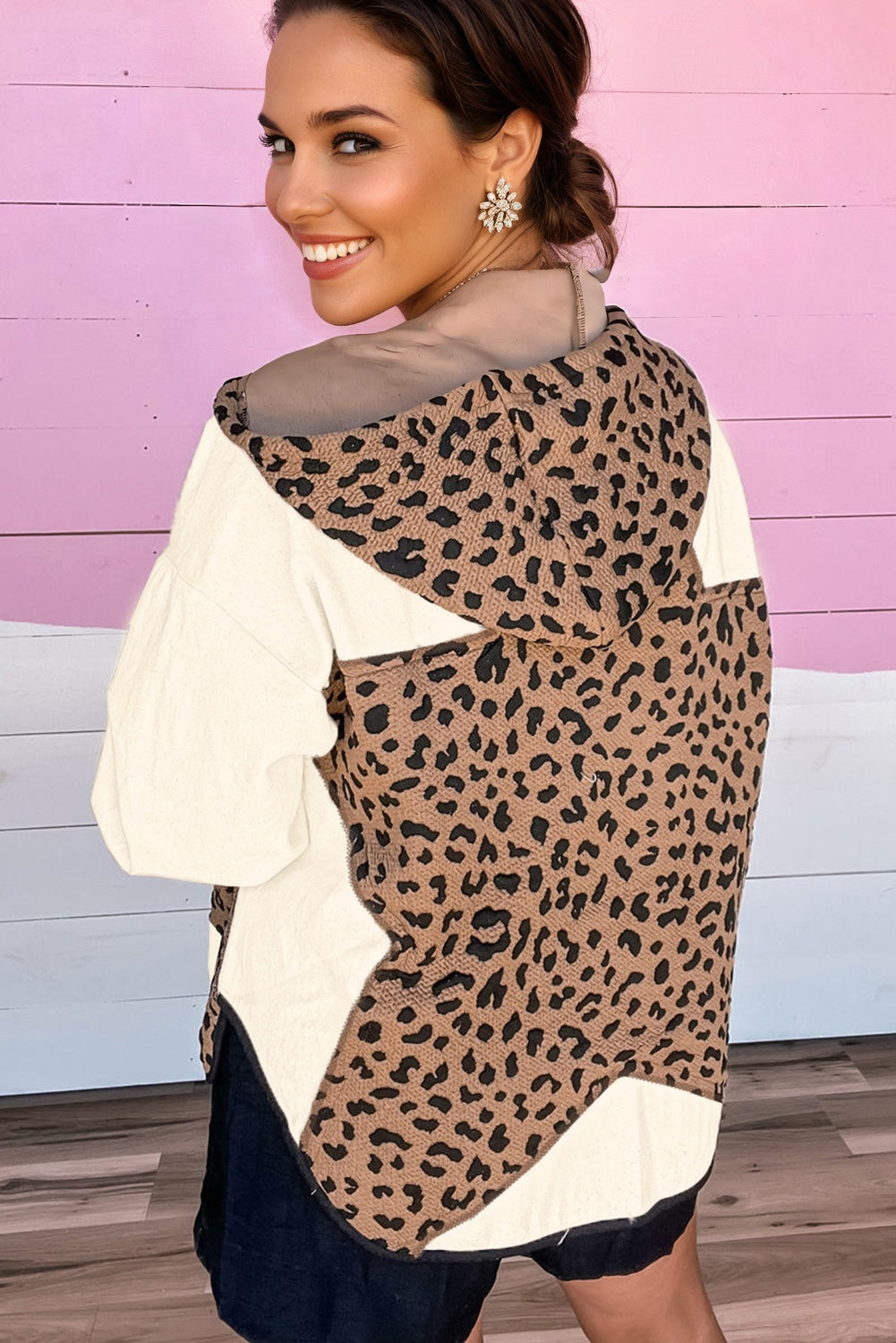Brown Leopard Star Hooded Patchwork Contrast Piping Open Front Jacket 45ee6960e2a4f7f2
