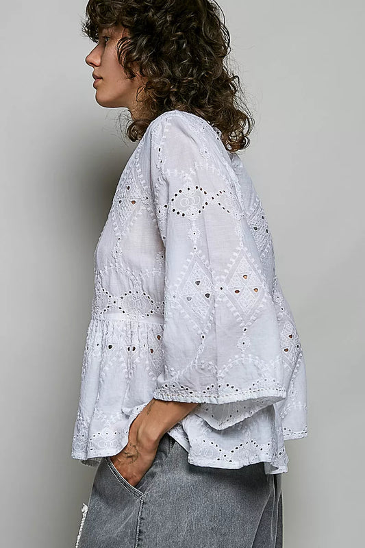 Eyelet Embroidery Peplum Button Front Cotton Shirt 45eecde8-bce2-4ee7-bbf7-8d2263d4c55b-Max-Origin