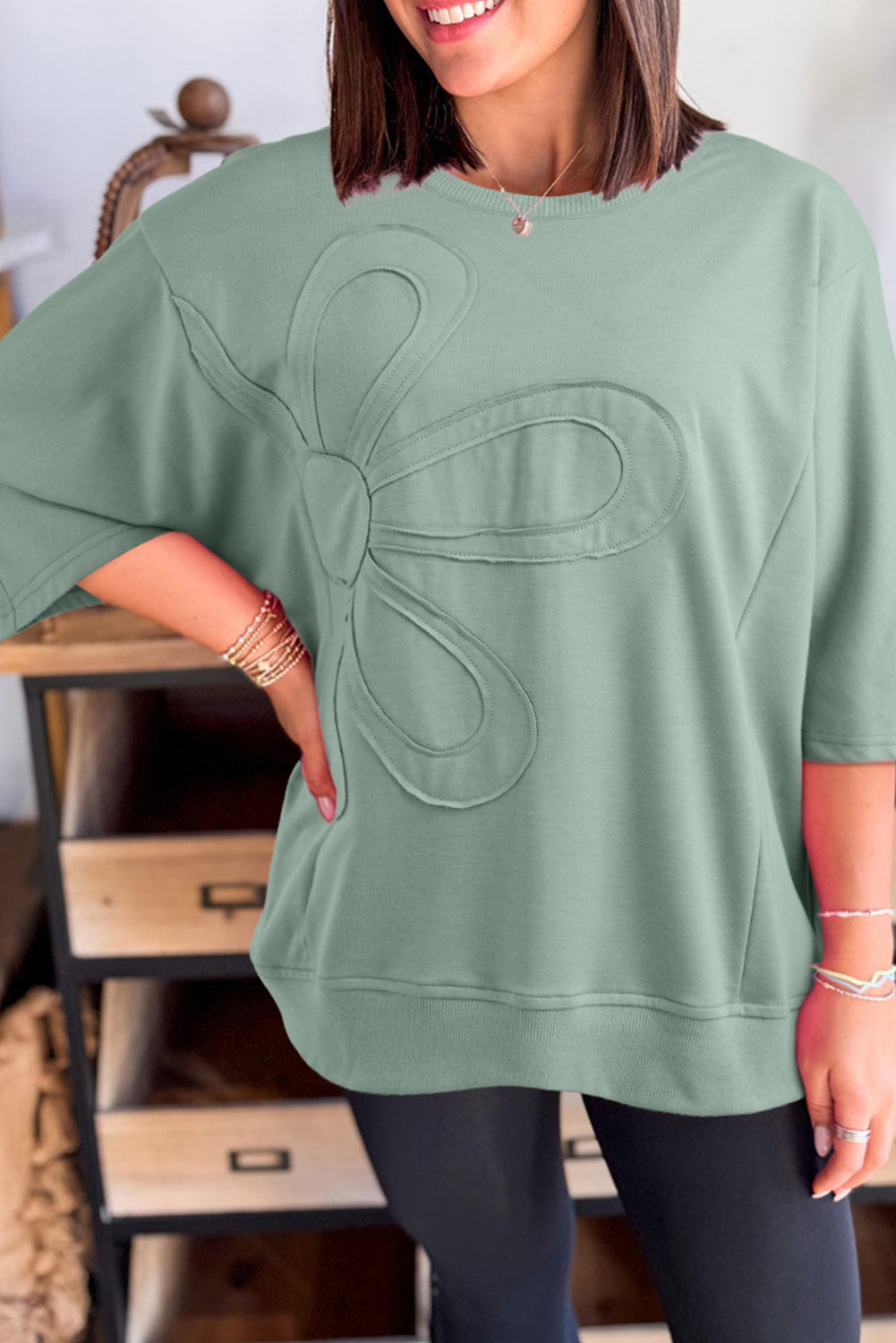 Clearly Aqua Solid Color Floral Patched Half Sleeve Tunic Top Clearly Aqua 45f00d69d2db261b