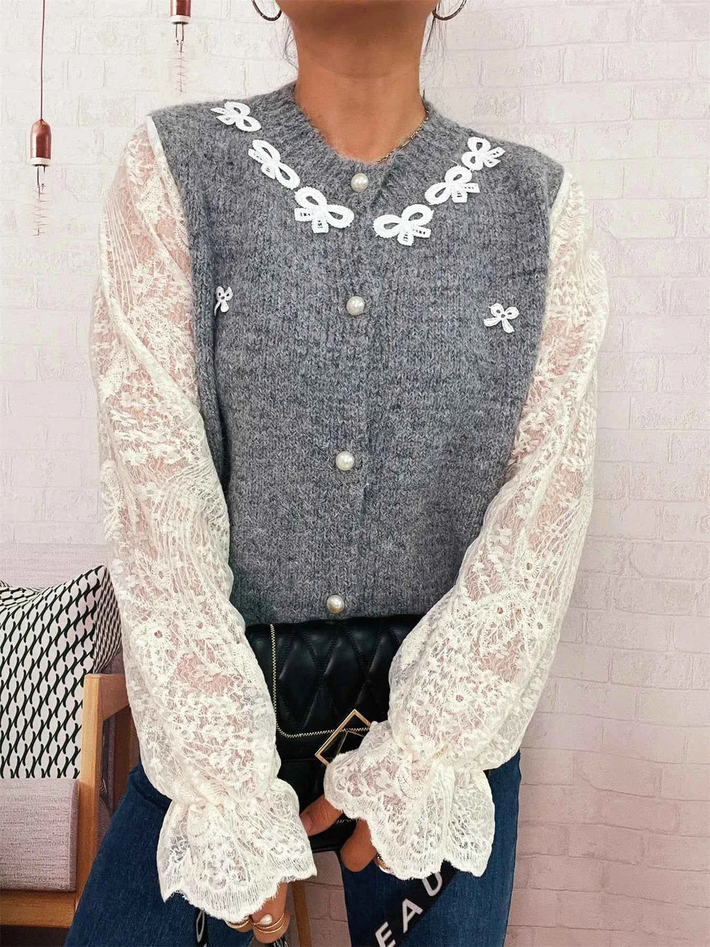 Lace Sleeve Button-Up Cardigan 45f03dd430b04137ab3148bc2ad9b7b9-Max-Origin