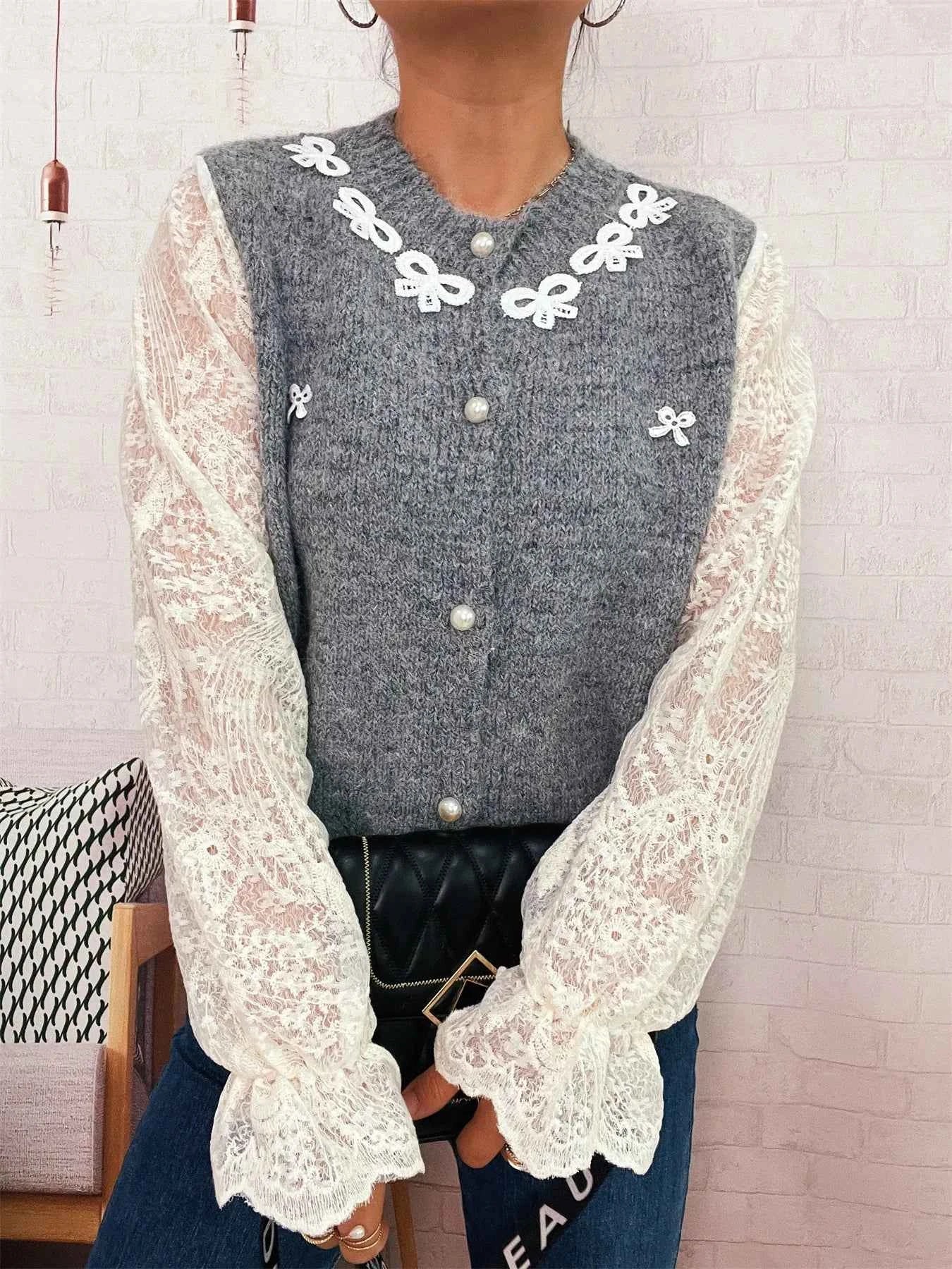 Lace Sleeve Button-Up Cardigan 45f03dd430b04137ab3148bc2ad9b7b9-Max-Origin