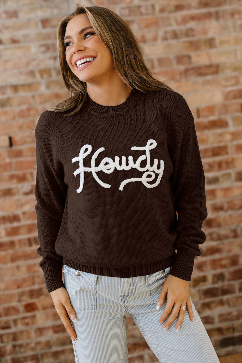 Chicory Coffee Howdy Embroidered Graphic Western Sweater 45f1270008ec2ebc