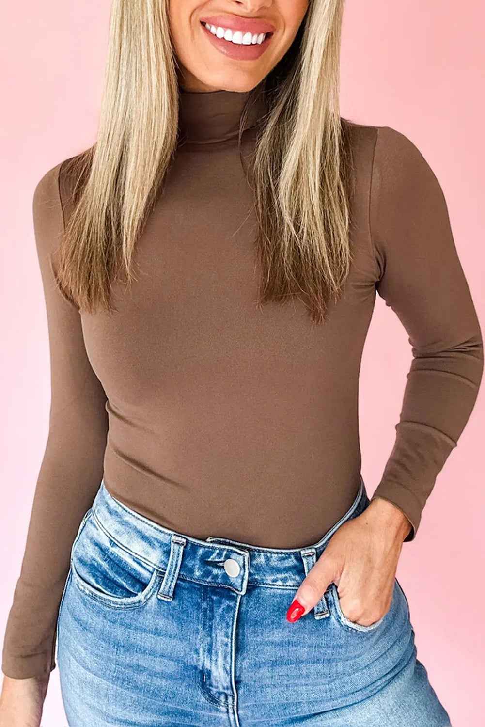 Coffee Slim Fit High Neck Long Sleeve Basic Top Coffee 93%Viscose+7%Elastane 45f6eda40b7af237