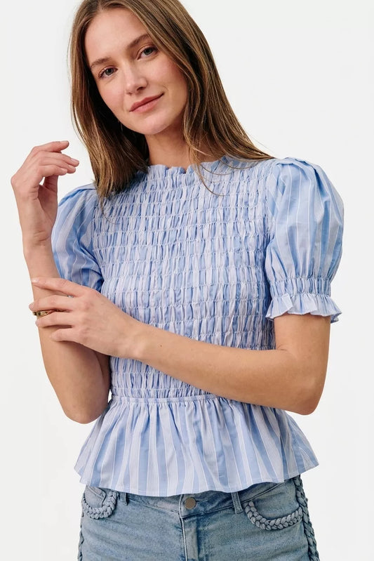 Stripe Smocked Bodice Puff Sleeves Blouse Top BLUE 45fed96f-8458-4842-99ae-a3e84cb9754b-Max-Origin