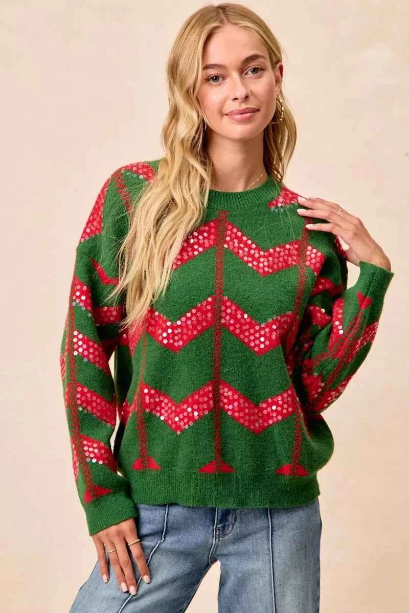 BiBi Christmas Theme Chevron Sequins Detail Sweater HUNTER RED 45fefafb65f848fb94c6591566ffaae4-Max-Origin