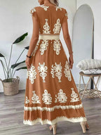 Printed V-Neck Ruffled Cap Sleeve Dress 46002adf9348475d9e3801a2f1475732-Max-Origin