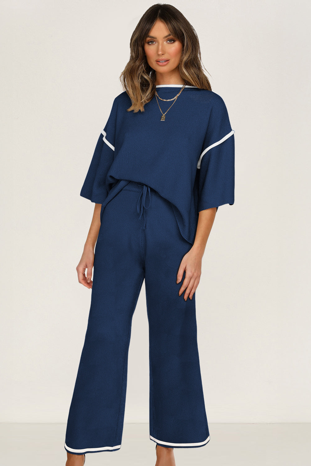 Navy Blue Loose Contrast Trim Half Sleeve Top and Drawstring Pants Set 460211c4e880b979