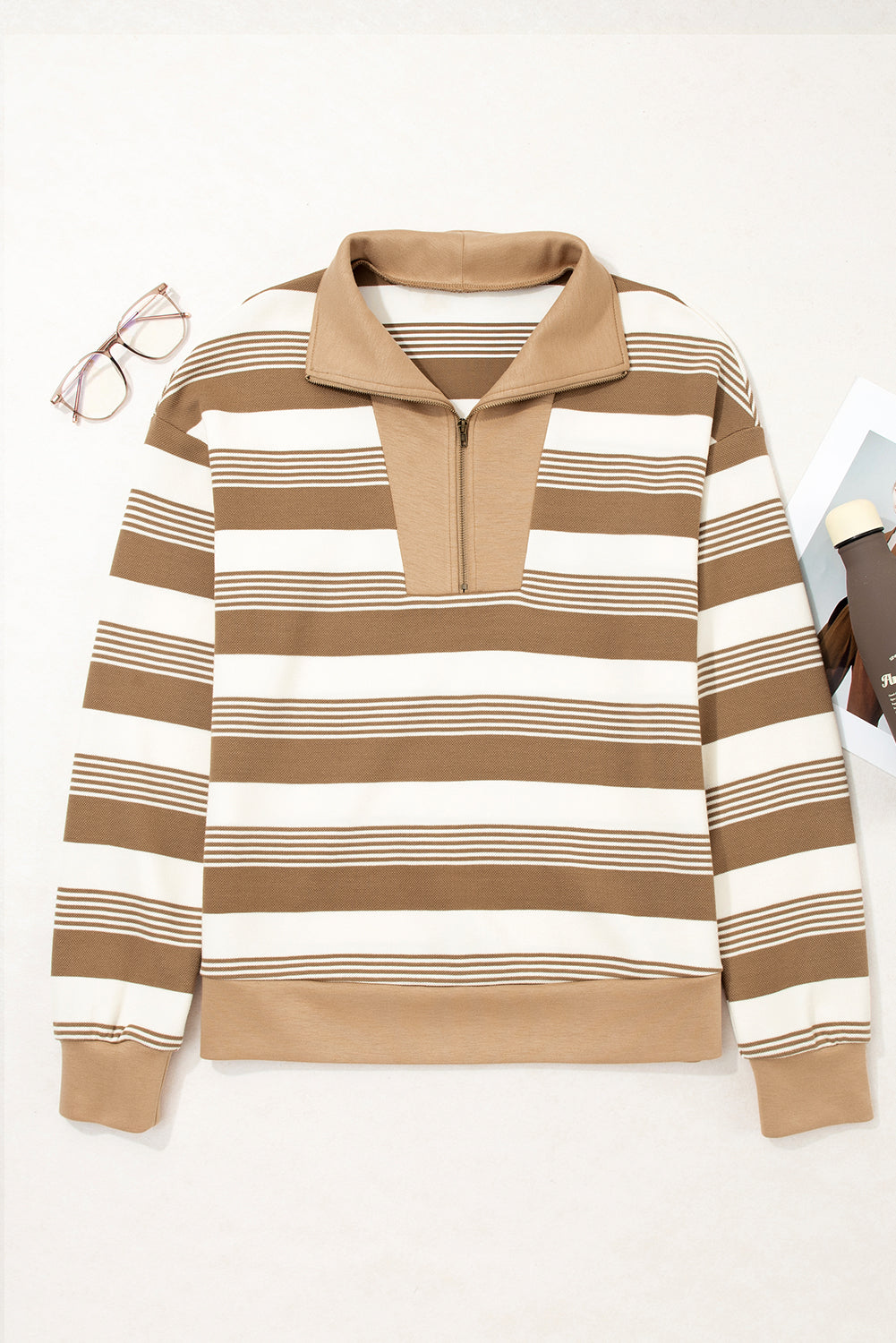 Khaki Striped Zipper Collar Pullover Sweatshirt 4602ddecc0208a6e