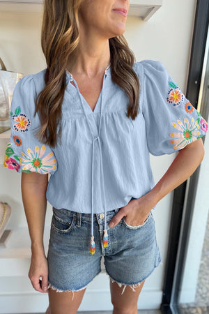Beau Blue Floral Embroidered Puff Sleeve Split Neck Blouse 4604b0ac4e3bc5aa