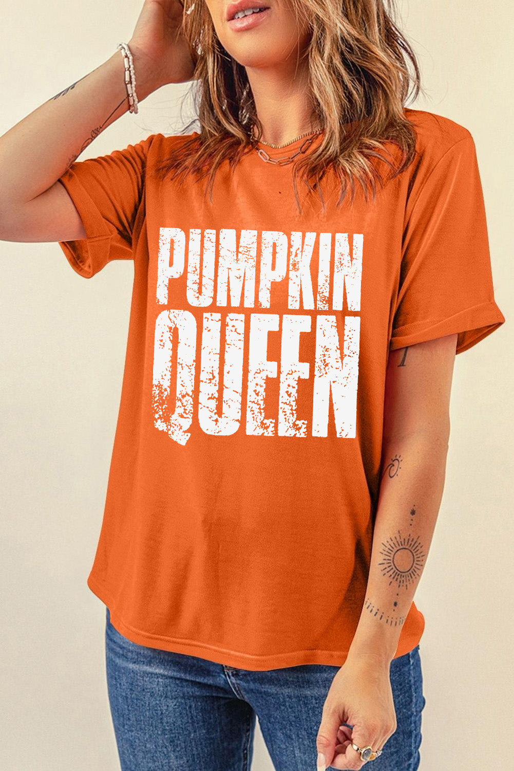Orange PUMPKIN QUEEN Heat Transfer Printing Graphic Crew Neck Tee 46083f5a9306a067