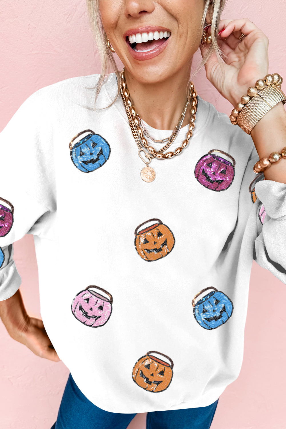 White Halloween Pumpkin Lantern Sequin Patched Sweatshirt 460c37426f4f0990