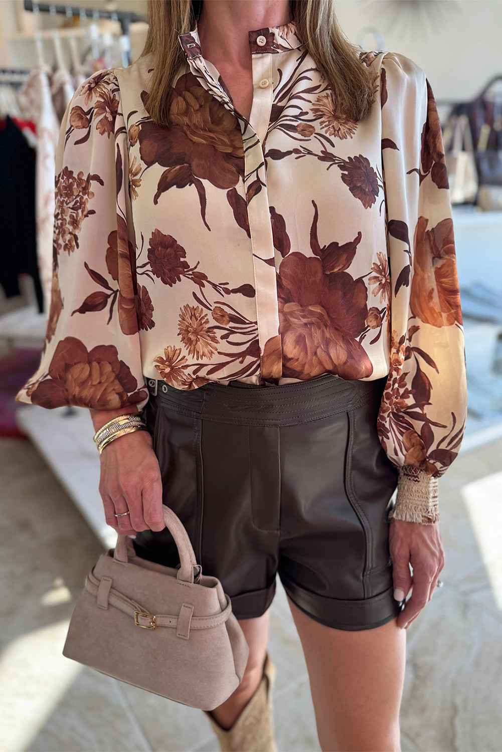 Brown Floral Print Button Down Poet Sleeve Shirt Brown 100%Polyester 460cdf66e4cdf425
