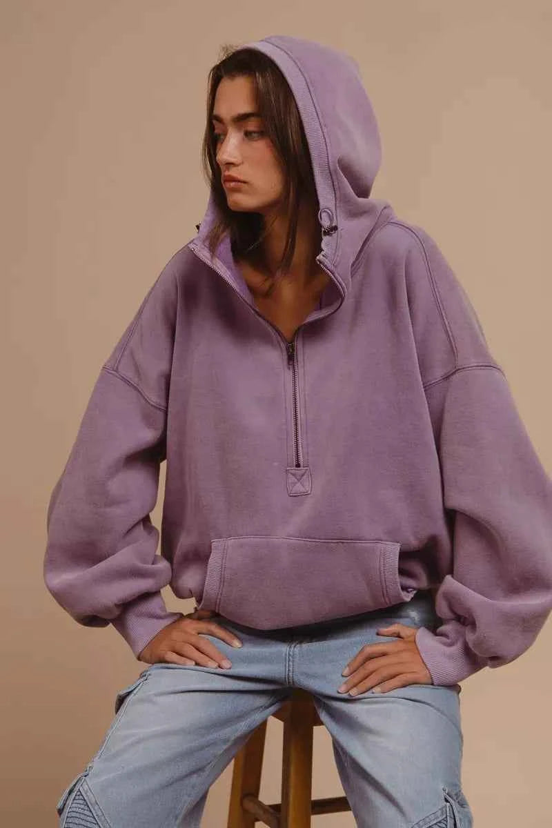 Stitch Detailed Elastic Hem Half Zip Fleece Hoodie 4612d7f6-f9a4-4177-81ac-66ad7e0dd1fe-Max-Origin