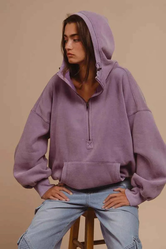 Stitch Detailed Elastic Hem Half Zip Fleece Hoodie 4612d7f6-f9a4-4177-81ac-66ad7e0dd1fe-Max-Origin