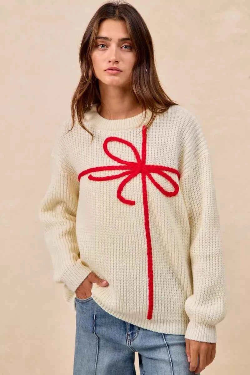 BiBi Christmas Ribbon Bow Embroidery Sweater 4615e4d7922f46c4b26b53c787f6e840-Max-Origin