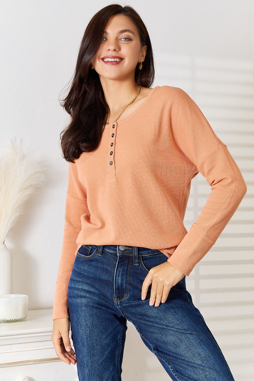 Basic Bae Half Button Long Sleeve Top Caramel 4615f3b325144ea8935ebed39681ae6e-Max