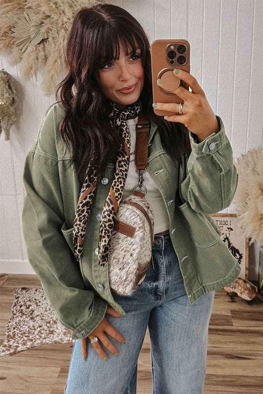 Smoke Green Pocket Collared Button Front Denim Jacket 461860a8e3513756