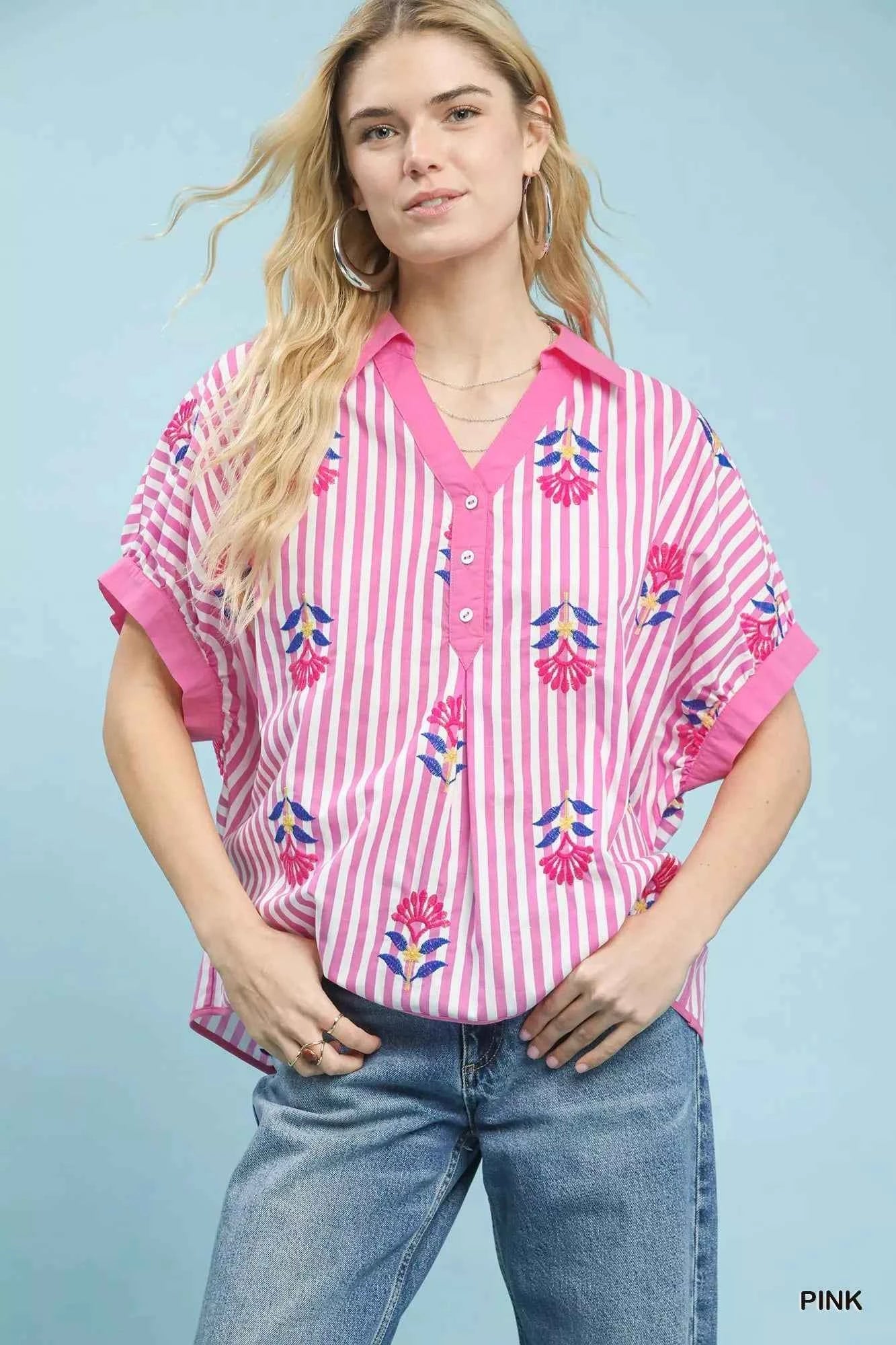 Umgee Stripe Embroidered Button-Front Boho Blouse PINK 46214a10-18a4-40a1-8729-6b25fbc8bfd0-Max-Origin