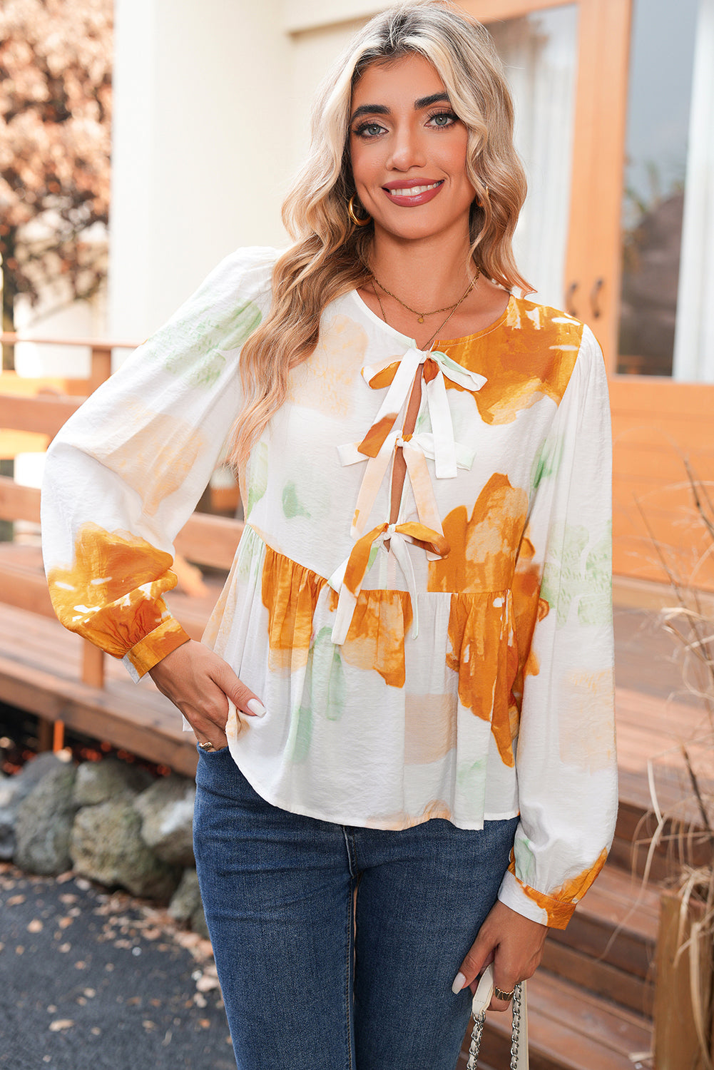Carrot Abstract Print Bubble Sleeve Bow Front Top 4622ea13e4bef633