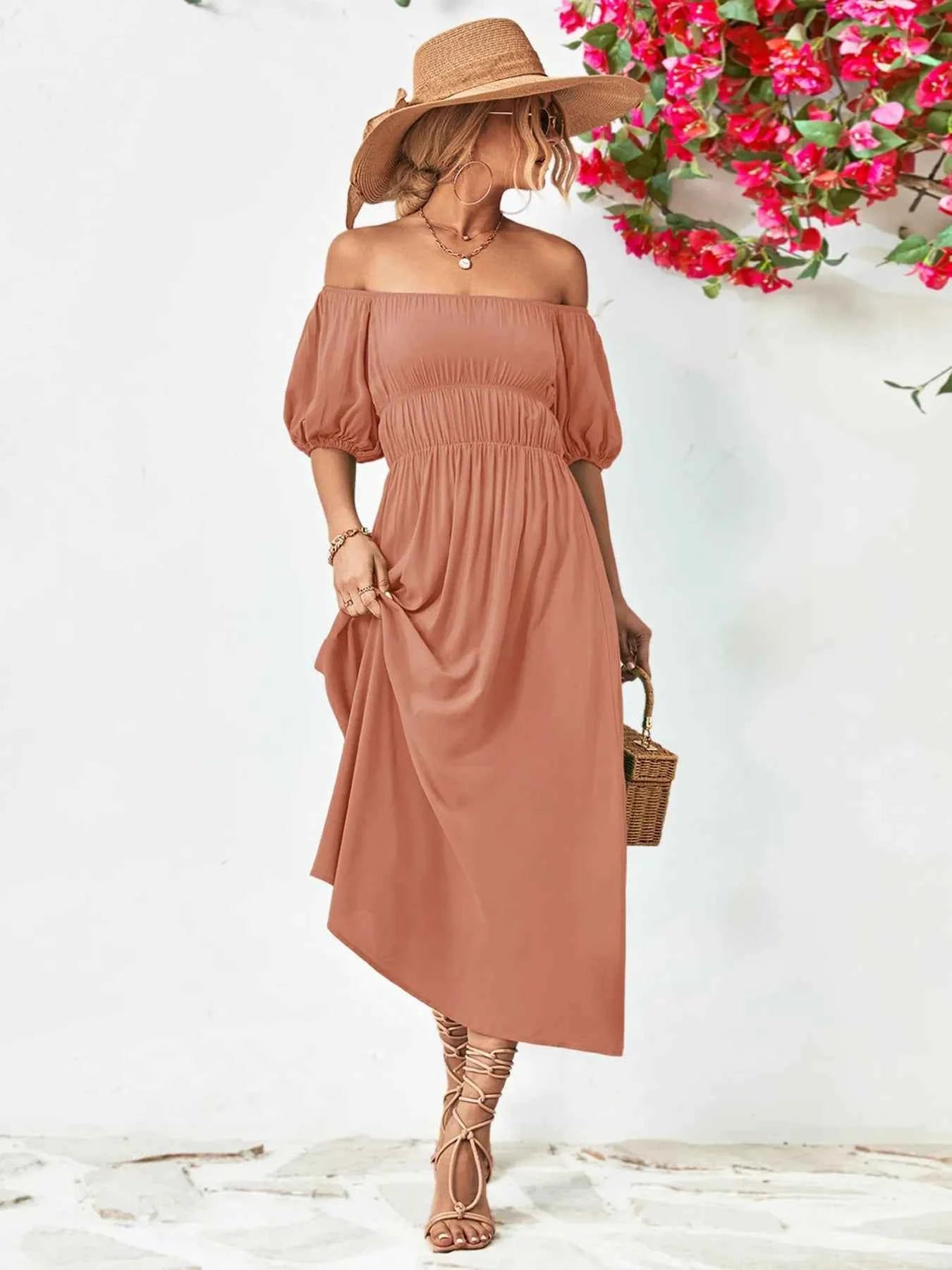 Off-Shoulder Puff Sleeve Smocked Maxi Dress 462401ea-7ef2-45be-8cf3-f21159b5d534-Max-Origin