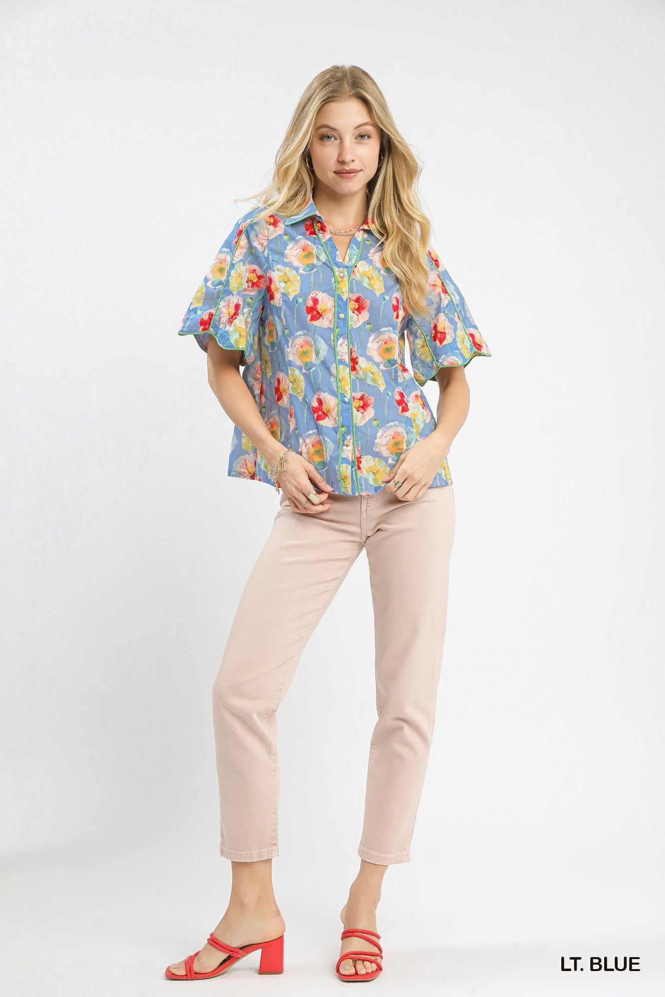 Umgee Floral Print Button-Down Blouse with Flutter Sleeves 462591e6-1e47-4d4b-baba-ac040f3de96e-Max