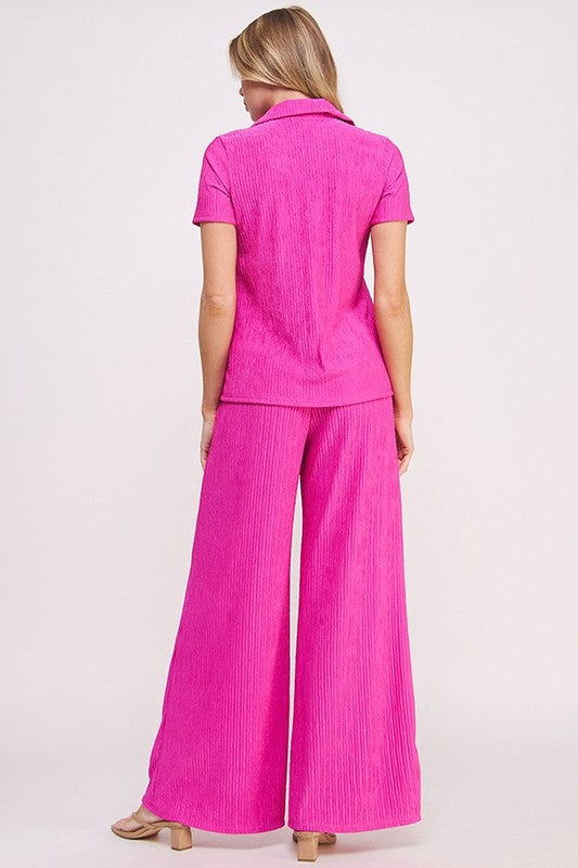 Textured short slv button down/wide leg pants set 46268084-0631-4506-ac3b-fd7b8627d323