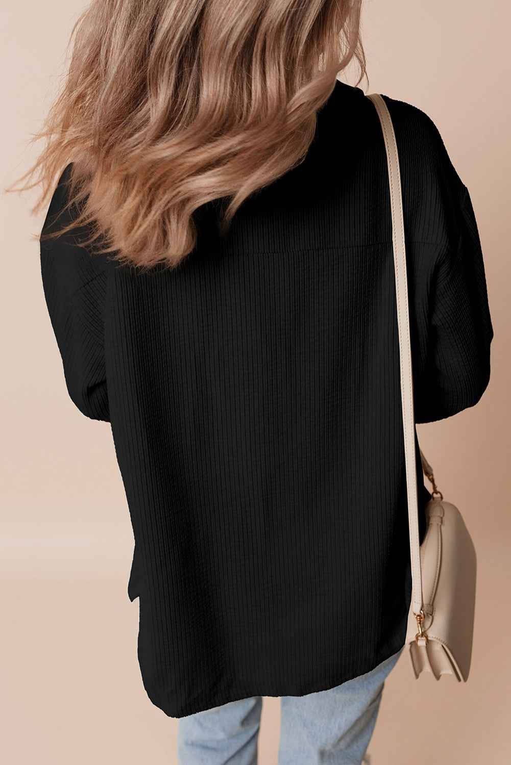 Black Sequin Father Christmas Graphic Button Down Ribbed Shacket 46285aa045b6424c