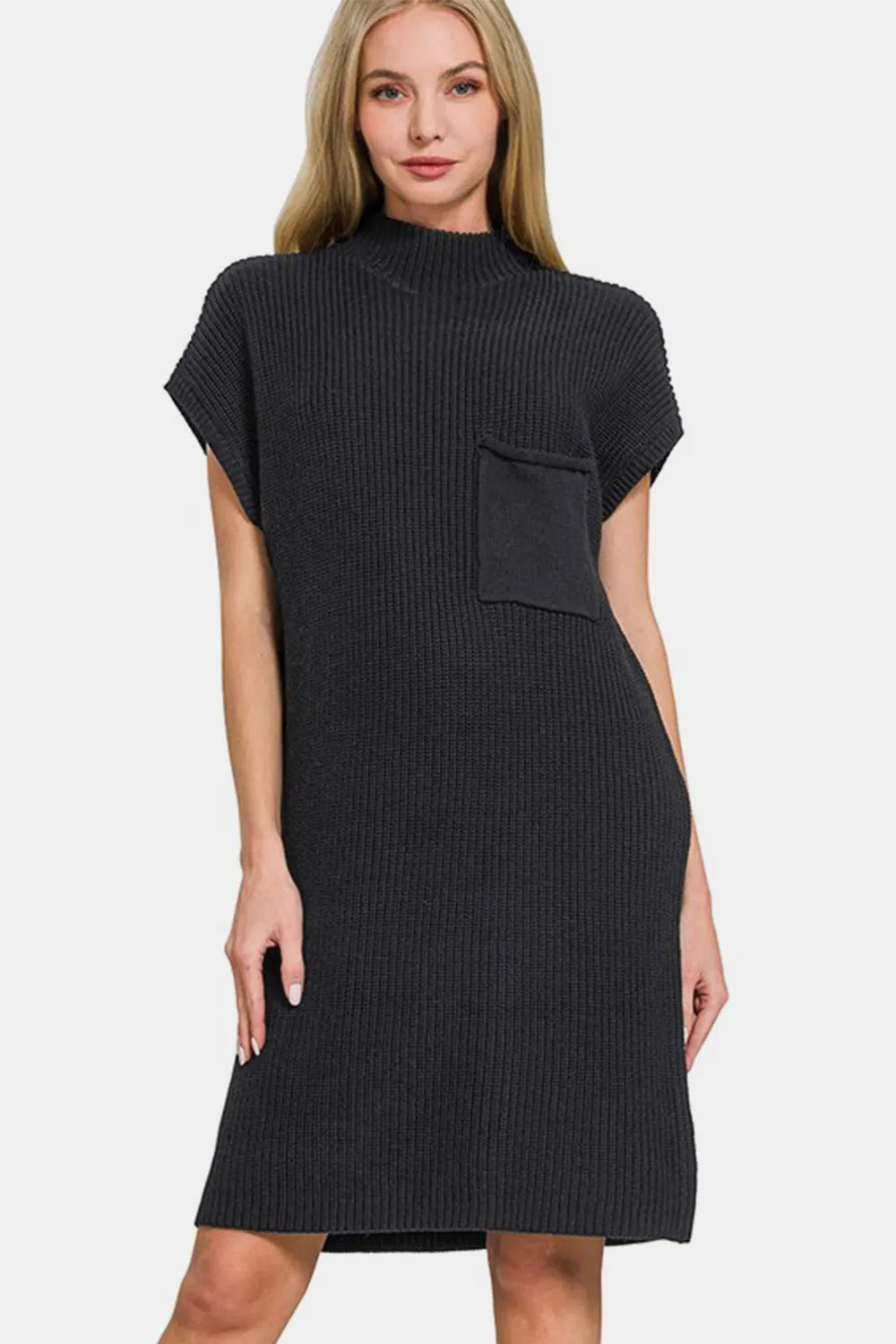 Zenana Mock Neck Short Sleeve Sweater Dress Black 463687ed-ec40-433b-a968-76177fe6025b-Max