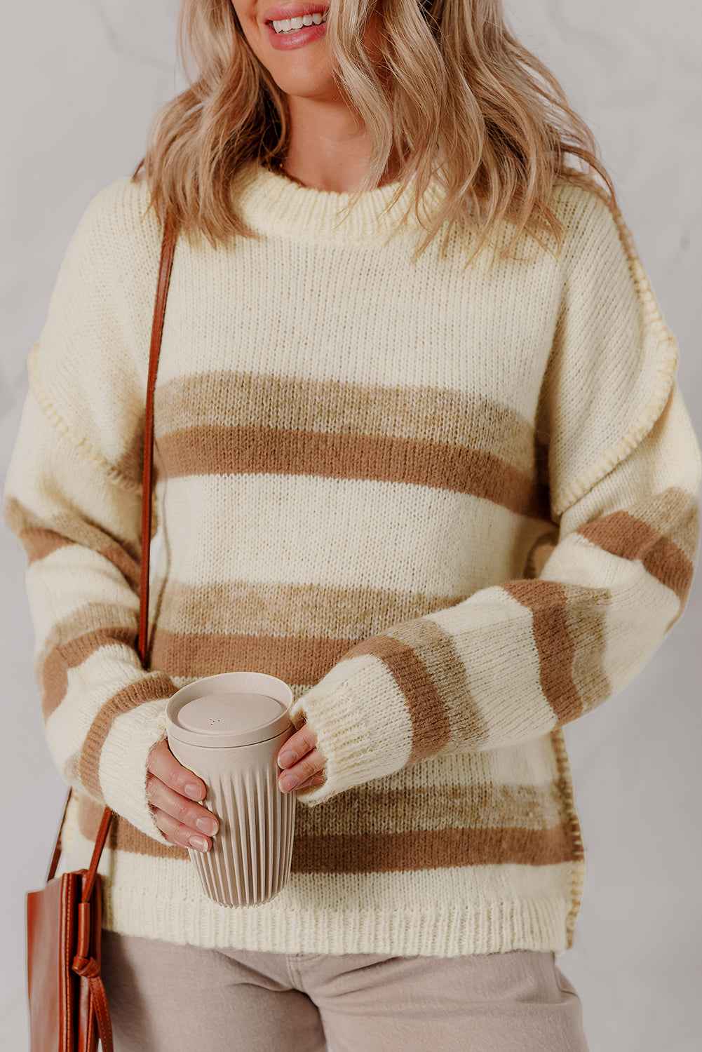Khaki Stripe Exposed Seam Drop Shoulder Knit Baggy Sweater Khaki Stripe 65%Acrylic+35%Polyamide 46386d2c3130b0da