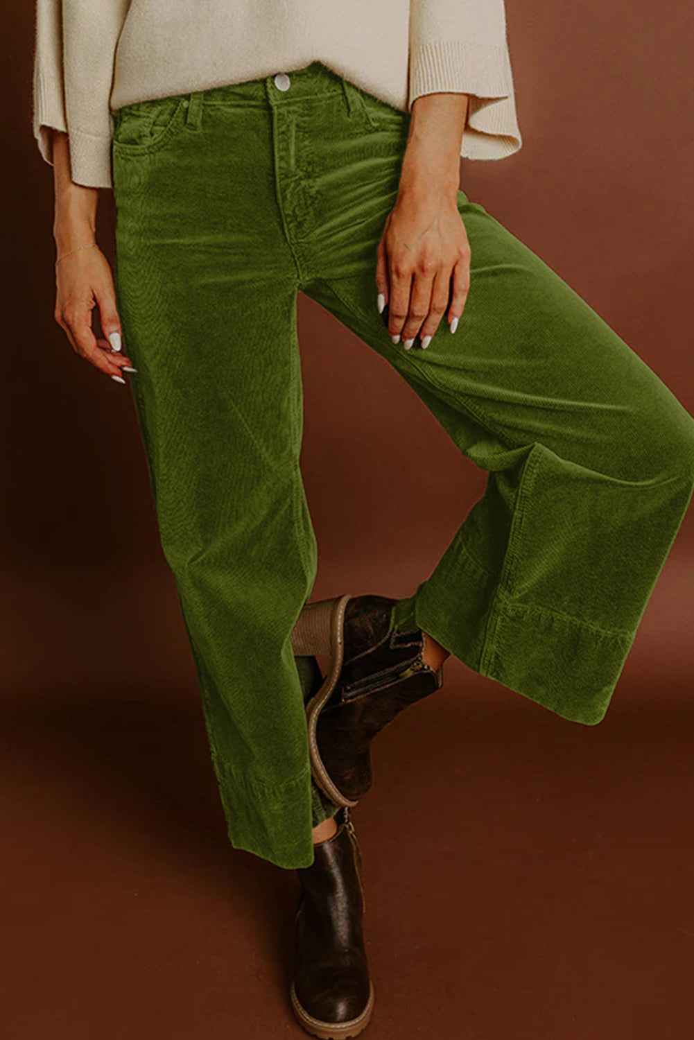 Burgundy Corduroy Solid Color High Waist Wide Leg Pants Vineyard Green 98%Cotton+2%Elastane 463b1662dc6b1fd2