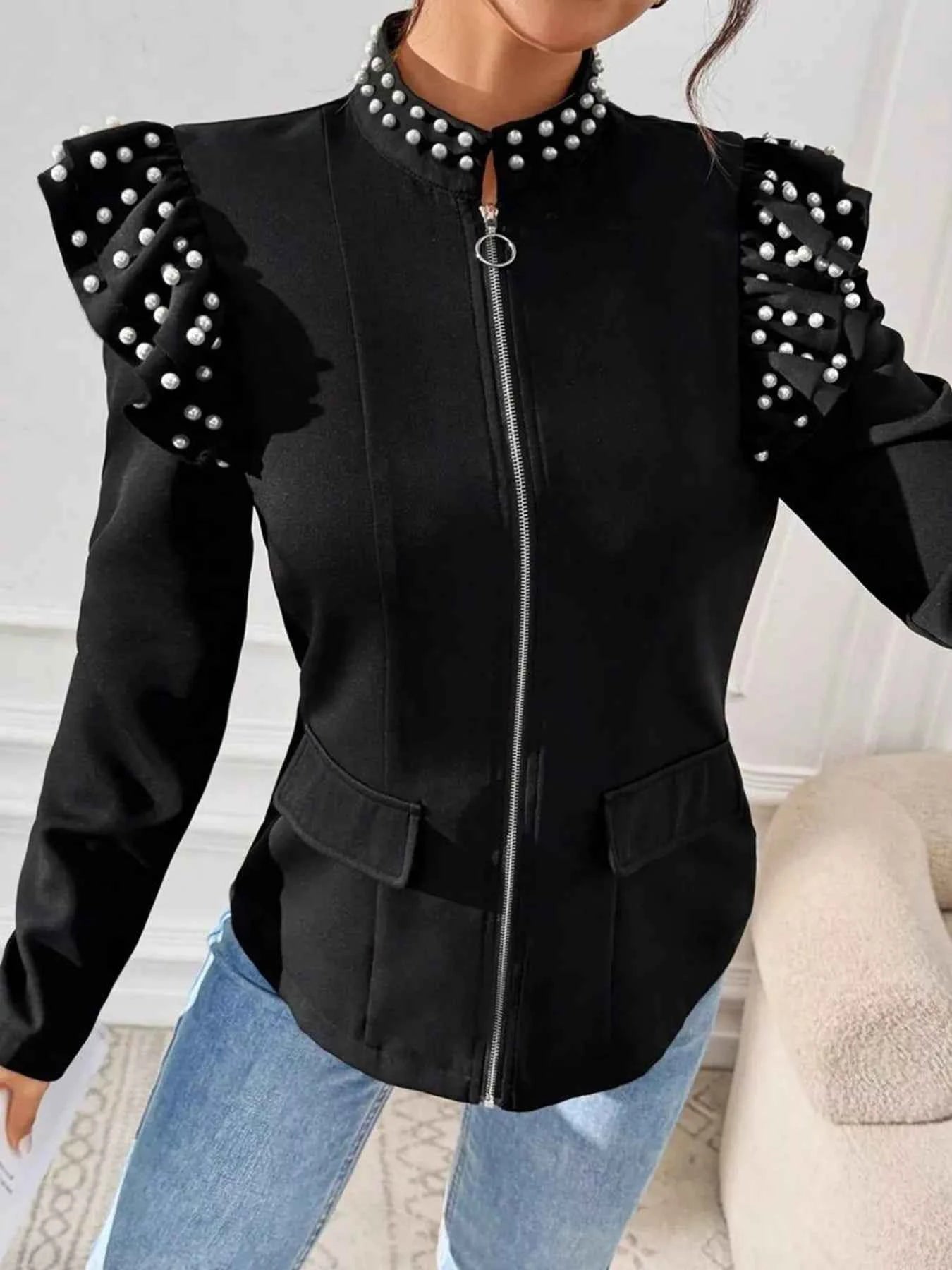Pearl Embellished Shoulder Zip Up Jacket 463bfcaf-2f58-4c4f-bb20-d425e6187531-Max-Origin