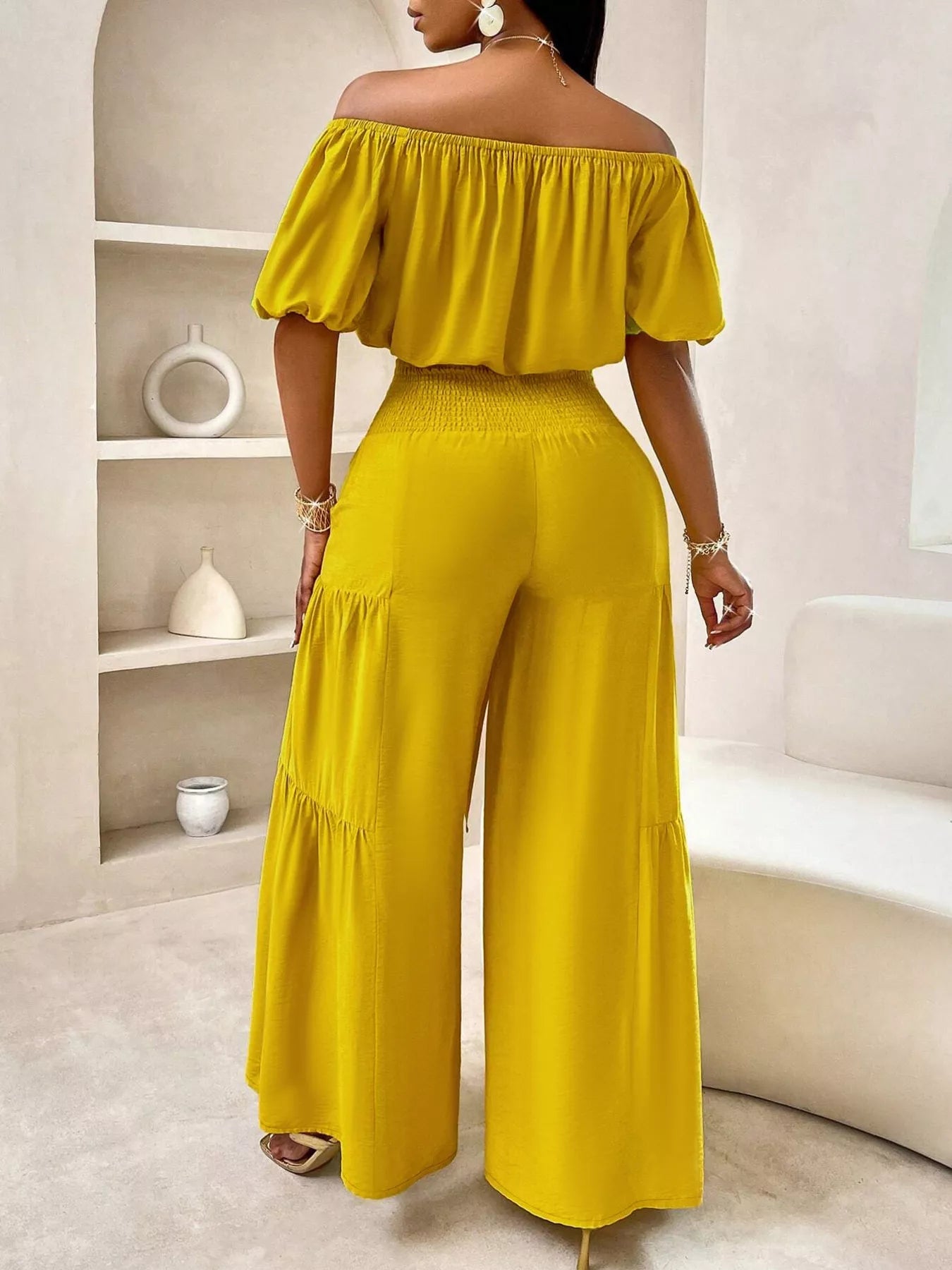 Elegant Off-Shoulder Crop Top and Ruched Wide Leg Pants Set 4640a444846947c58fa808da9013e681-Max-Origin