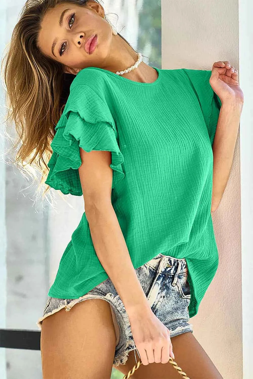 BiBi Ruffle Sleeve Wrinkled Cotton Gauze Top 464343fd-2e79-4d20-98a3-1b960435d222-Max
