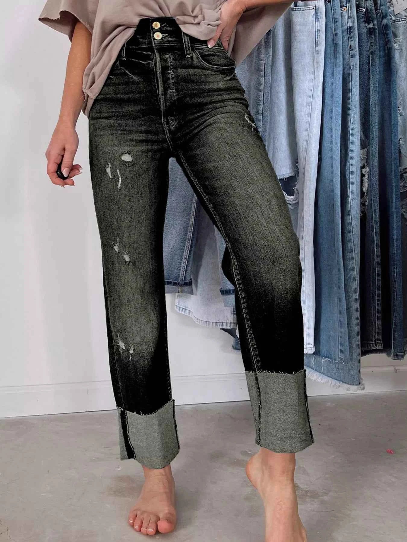High Waist Distressed Straight Leg Jeans Black 464561d899714a44b41d3f301ea03177-Max-Origin