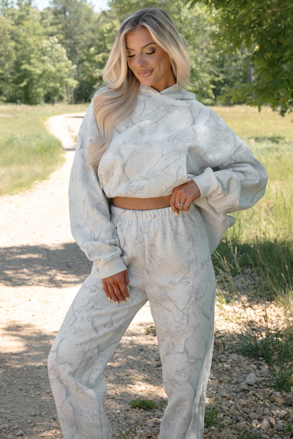 Light Grey Abstract Print Loose Drop Sleeve Hoodie and Pants Set 4648315342d05906