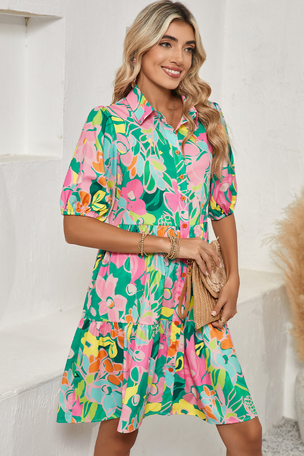Pink Floral Puff Sleeve Collar Buttoned Babydoll Dress 464b46e83737a2b8
