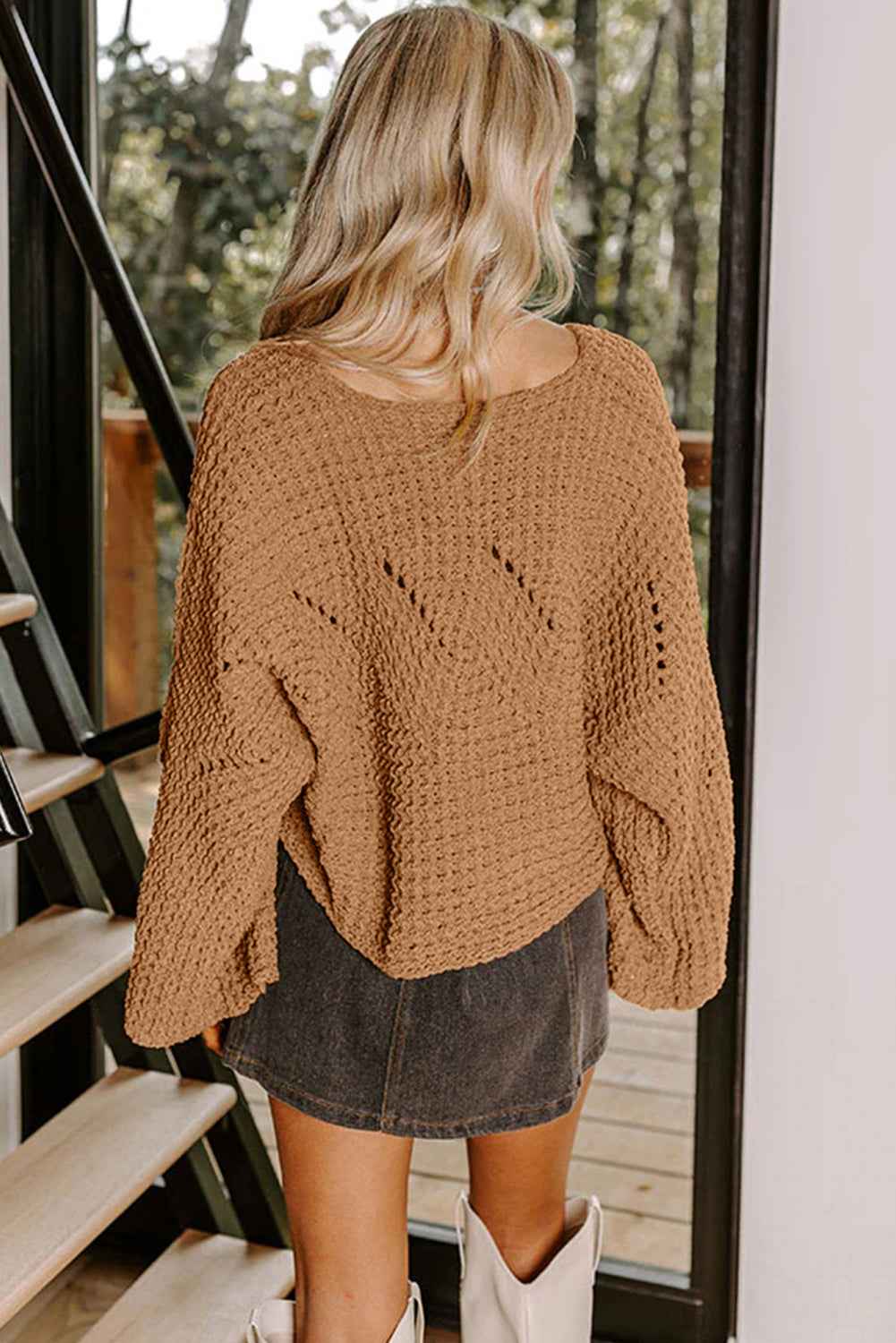 Camel Hollowed Detail Wide Sleeve Loose Pullover Sweater 465118fc24df228f