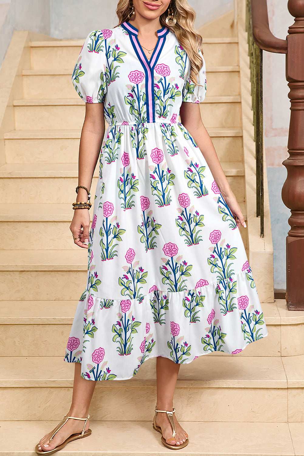 Blue Floral Ruffle Hem Pop of Color Neckline Dress White 4652d63b7f635276-_17