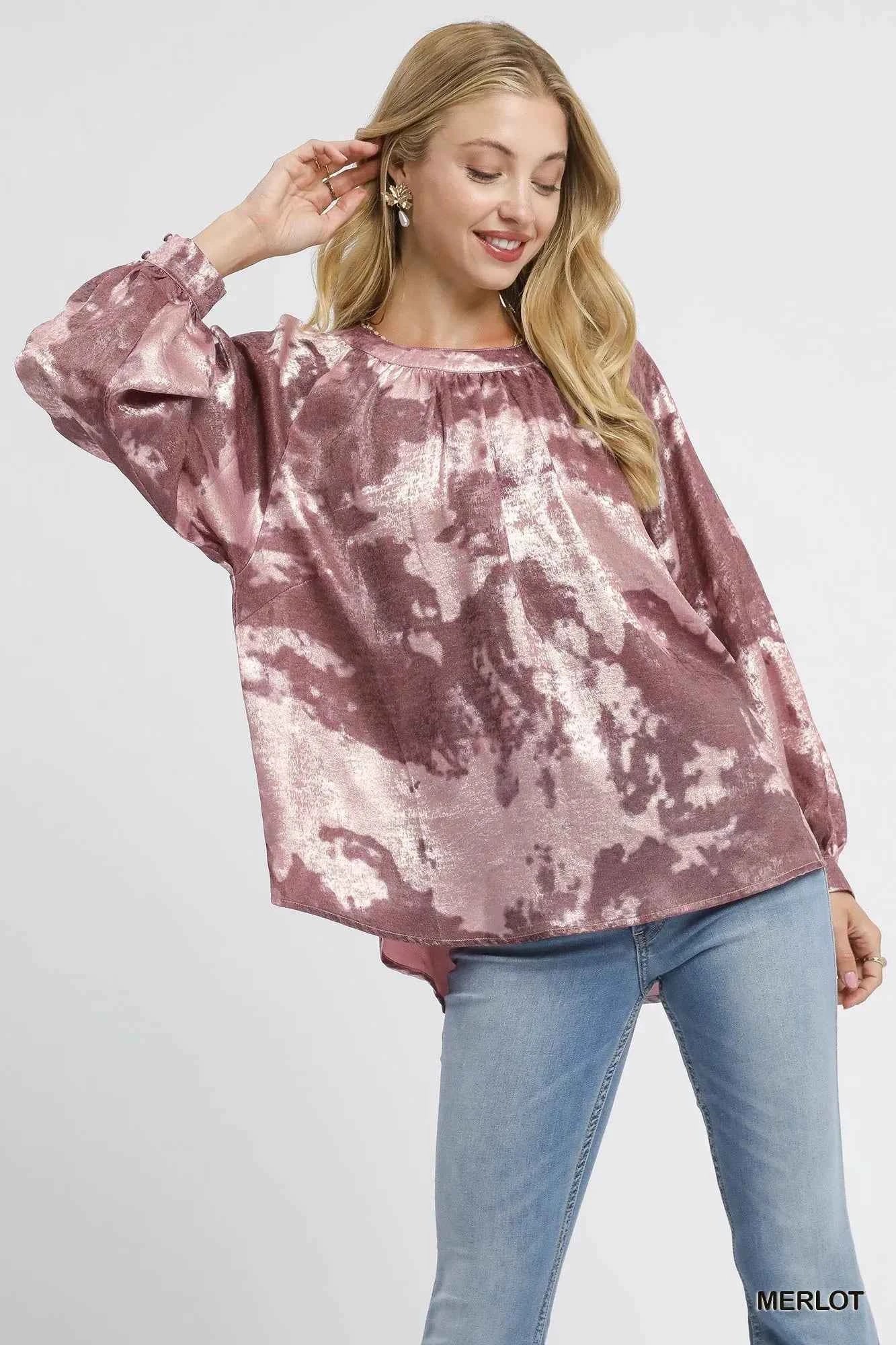 Umgee Metallic Fabric Blouse with Balloon Sleeves MERLOT 46566bda-6740-4f4a-92df-be756b7b81d9-Max-Origin